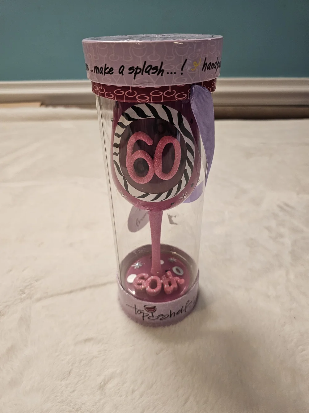 Top Shelf Hand Painted 60th Celebration Pink Glitter Stemmed Wine Glass